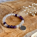 Bracelet Cristal de roche / Améthyste + fleur de vie - Mineralshop géométrie sacr  e, L'améthyste est réputée pour ses qualités apaisantes.blocages énergétiques, le cristal de roche aide à stabiliser et à harmoniser le corps éthérique ainsi que le taux vibratoire du corps.