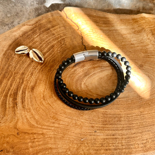 Bracelet Cuir et Onyx noir dépoli