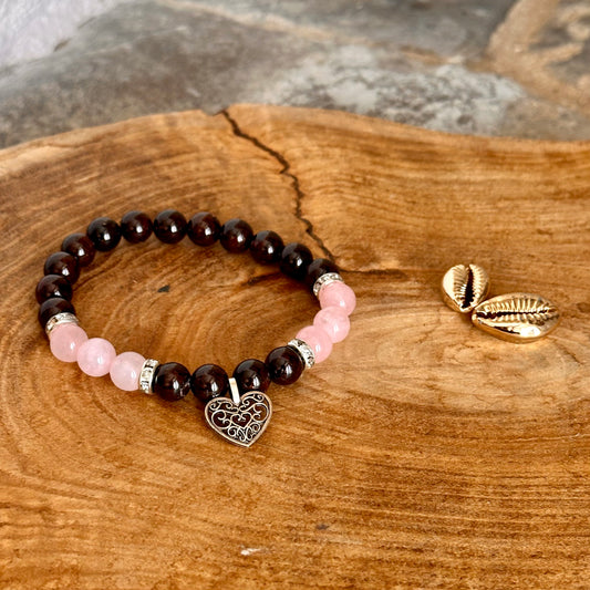 Bracelet Grenat / Quartz rose avec coeur
